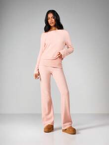 MISSGUIDED 粉色针织露肩套头衫和卷边喇叭裤套装家居服两件套 - 粉色 - 查看 4