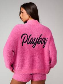 Missguided x Playboy Suéter de punto suave con estampado de texto en la espalda, manga larga, jersey de invierno - Rosa - Ver 1