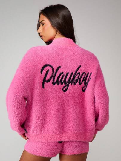 Missguided x Playboy Flauschiger gestrickter Pullover mit Schrift-Rückendruck, Langarm-Winterpullover