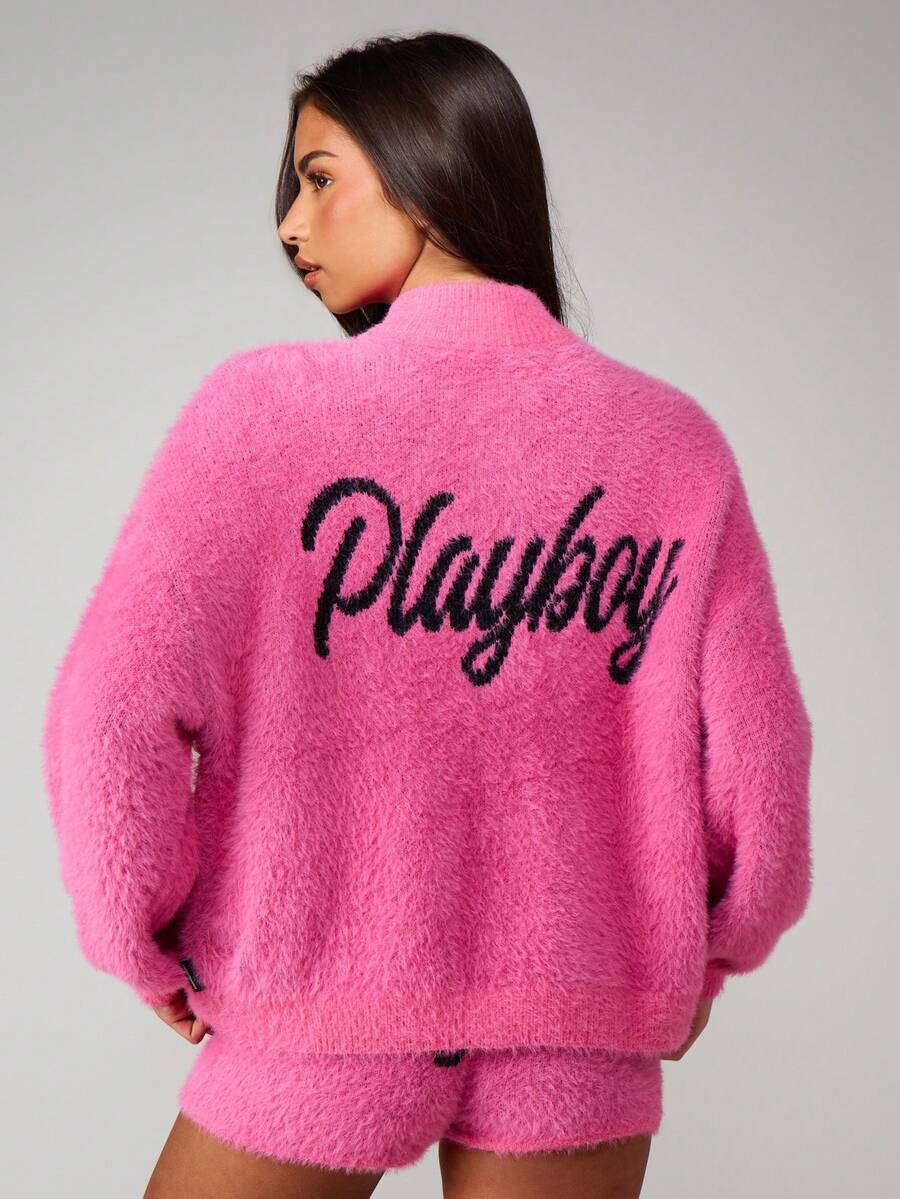 Missguided x Playboy Suéter de punto suave con estampado de texto en la espalda, manga larga, jersey de invierno - Rosa - Ver 1