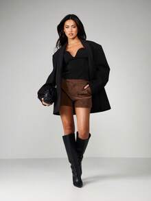 MISSGUIDED High Rise Suede Tailored Shorts With Cuffed Hem Detail For Fall Winter - Coffee Brown - View 3