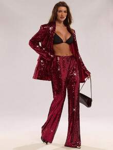 SHEIN BAE Autumn/Winter New High-End Shiny Sequin Blazer Jacket, Elegant Lady Long Sleeve Suit Top, Women's For Concerts, Music Festivals, Parties - Burgundy - View 5