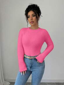 Rafferiza Solid Color Round Neck Raglan Sleeve Fitted Casual Knit Pullover Sweater - Hot Pink - View 5