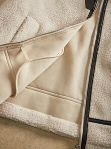 Anewsta Áo khoác ngắn rộng rãi chất liệu vải nỉ dày và giả da chắp vá - Màu be - Xem 6