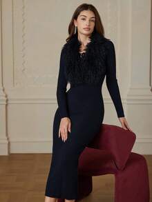 BELROSIE Vintage Fur Collar Long Sleeve Maxi Sweater Dress - Black - View 1