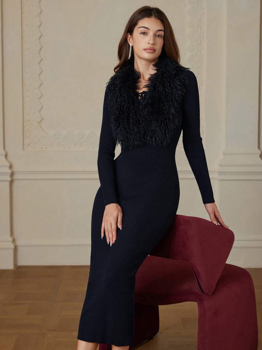 BELROSIE Vintage Fur Collar Long Sleeve Maxi Sweater Dress - Black - View 1