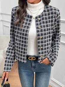 EMERY ROSE 秋冬新款格纹面料圆领长袖优雅时尚优雅外套，适合多种场合 - 彩色 - 查看 5
