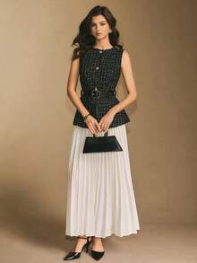 Poéselle Women's Plaid Pattern Sleeveless Button-Up Buckle Belted Vest And Pleated Skirt Suit Set, Office/Commute, Elegant Women's Set,Black Tweed Fabric With Gold Thread Accents, Super-Value Three-Piece Outfit,Luxurious And Elegant,Christmas Party,Luxury Evening Dresses,New Year Outfit ,Suitable For Daily Wear, Party,Going Out, Commuting,Fall/Winter