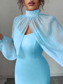 Elenzga Váy dạ hội quyến rũ trưởng thành mới, trang trọng và dịu dàng, màu hồng mơ mộng, áo dài tay đính hạt thủ công, bộ váy liền thân ôm sát có viền đuôi cá duyên dáng - Màu xanh lam - Xem 5