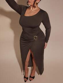 SHEIN BAE Plus Size Women's Asymmetrical Long Sleeve Dress, Brown, Autumn/Winter,Winter ,Spring,Summer,Christmas ,New Year,Party ,Elegant,Casual Dresses For Women,Vacation Outfits Women ,Valentine's Day,Wedding, Birthday, Formal,Wedding, Birthday, Formal,Brown,Suitable For Dates, Parties, Back-To-School, And Birthday Parties. Sexy Curve Dress