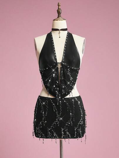 ROMWE Avant Ensemble femme Y2K Baddie pour festival de musique avec pendentif croix en métal, patchwork en PU, filet, perles et dos nu