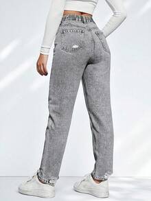 SHEIN ICON 大码女式休闲假日街头破洞宽松灰色牛仔裤 - 淺灰色 - 查看 3