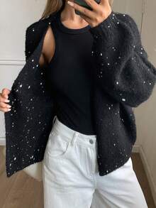 Livesso 女士休闲V领亮片开衫，秋季款 - 黑色 - 查看 4