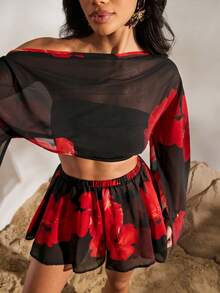 Opulessa 2 pezzi/Set Camicia corta e minigonna stampata da donna per vacanze - Multicolore - Visualizzare 4