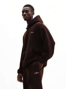 SUMWON Conjunto de sudadera con capucha y pantalón de felpa marrón oversize para hombre, conjunto de chándal de invierno - Marrón - Ver 5