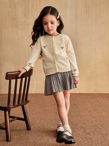 SHEIN Apricot Knitwear Cardigan With Embroidered Bow Details And Round Neck For Cute Style Warm And Soft For Autumn School Clothes Go Out, Party,Daily Wear Fall Winter - Apricot - View 3