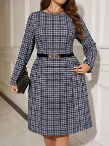 EMERY ROSE 大码优雅格纹收腰中长连衣裙，适合通勤。 - 彩色 - 查看 7