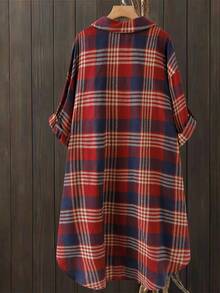 Linhara Áo sơ mi kẻ caro cỡ lớn cho nữ, dáng dài vừa, tay dài, thân trước ngắn, lưng sau ngắn, cổ tay áo thắt nơ, dáng rộng thoải mái, phong cách cổ điển, mùa xuân/thu - Nhiều màu - Xem 2