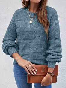 SHEIN LUNE Solid Color Crew Neck Loose Knit Pullover Sweater - Dark Green - View 4