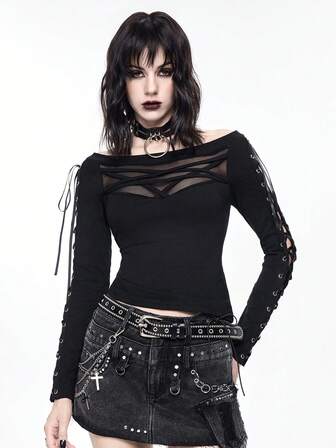 Gothic Metal Grommet Lace-Up Inverted Pentagram Turtleneck Slim Fit T-Shirt
