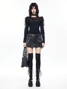 ROMWE Grunge Punk Kpop朋克金属铆钉链条做旧水洗迷你牛仔裙 - 黑色 - 查看 7