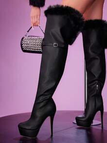 CUCCOO LuxiPop 女士厚底仿毛皮装饰搭扣高跟过膝长靴，黑色，性感时尚，适合万圣节、圣诞节、派对等场合 - 黑色 - 查看 1
