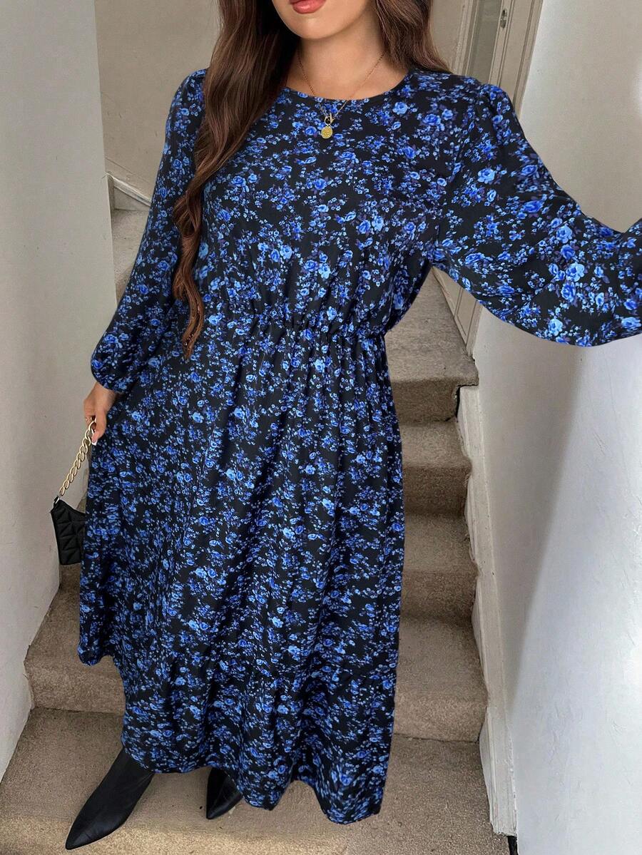 SHEIN LUNE Đầm thường ngày cổ tròn tay đèn lồng in họa tiết hoa toàn thân cho nữ cỡ lớn - màu đen - Xem 1