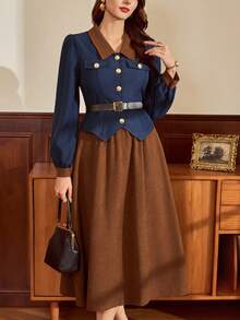 Vintamour Bộ đồ 2 món thanh lịch cổ điển dành cho nữ, có túi, áo sơ mi có cúc kim loại, váy chữ A, trang phục ngày lễ thường ngày, trang phục giáo viên dành cho nữ, quần áo mùa thu dành cho nữ, trang phục mùa thu dành cho nữ, trang phục đi nghỉ, trang phục mùa đông dành cho nữ, váy công sở thanh lịch dành cho nữ, trang phục cao bồi dành cho nữ, váy thanh lịch dành cho nữ, trang phục miền Tây dành cho nữ, váy mùa thu dành cho nữ, váy dạ hội - Nhiều màu - Xem 2