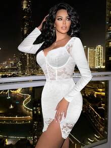 Allurite 针织蕾丝胸罩杯长袖性感迷你连衣裙 - 白色 - 查看 4