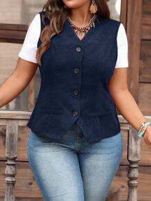 EMERY ROSE Chaleco/chaqueta informal de pana de unicolor para tallas grandes - Azul Marino - View 5