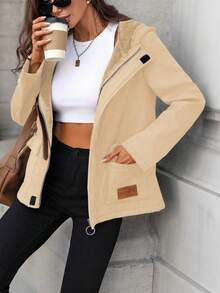 SHEIN LUNE Women's Solid Color Thermal Lined Hoodie With Pockets, Regular Fit Casual Everyday Jacket, Autumn/Winter