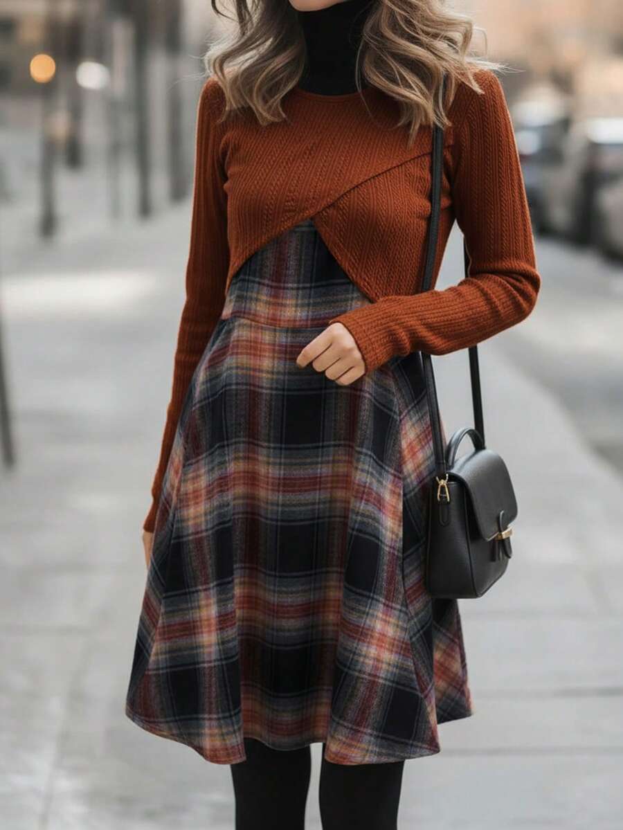 EMERY ROSE Bộ 2 món áo crop top dài tay viền chéo họa tiết kẻ caro xuân/thu cho nữ - Nhiều màu - Xem 1