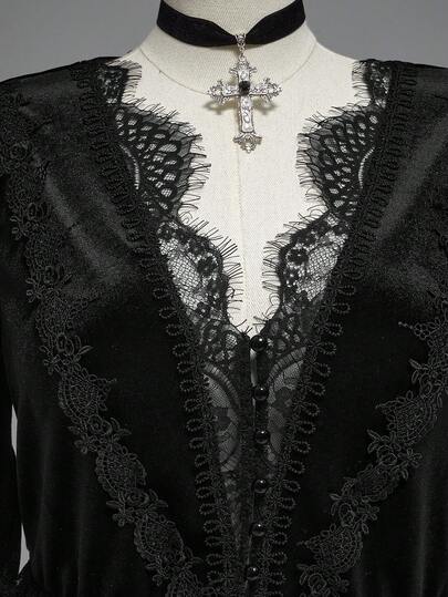 Goth Blusa larga de talla grande con cuello en V profundo, bajo asimétrico, parches de encaje y terciopelo, estilo palacio gótico