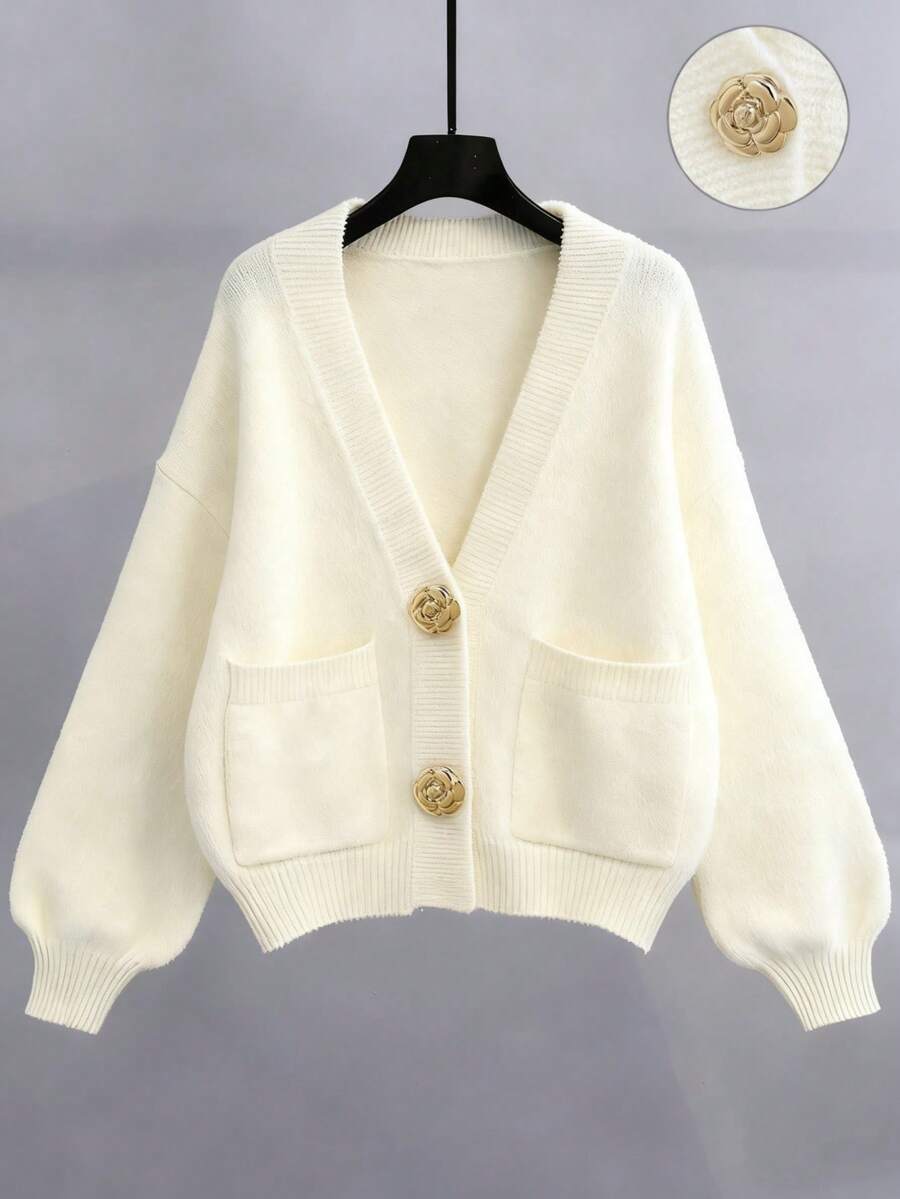 Franclia 白色金属纽扣时尚复古优雅百搭商务休闲度假长袖V领宽松女针织开衫，适合春秋冬 - 白色 - 查看 1