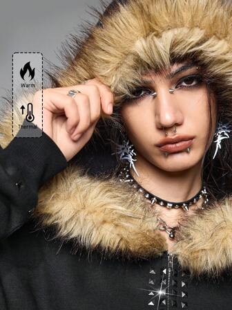 Grunge Punk Y2K Punk Cross Rivet Design Loose Fit Shawl Collar Sweatshirt Sweatshirt