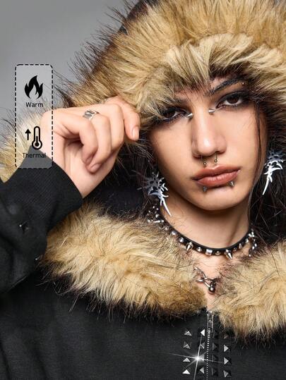 Grunge Punk Y2K Punk Cross Rivet Design Loose Fit Shawl Collar Sweatshirt Sweatshirt