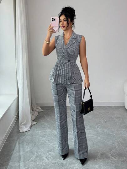 SHEIN Elenzya Sleeveless Ruched A-Line Blazer & Straight Leg Pants Elegant Romantic Sophisticated Women's Suit, Business Attire