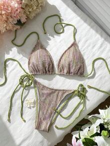 Swim Mod Summer Women 2 Pieces Textured Knit Halter Top And Drawstring Side Pants Swimsuit Set Knitted Bathing Suit Beaded Bikini Crochet Bikini Set Crochet Swimsuit Women String Bikini Set Boho Bathing Suit Boho Bikini Set Crochet Bathing Suit Textured Bikini - Multicolor - View 5