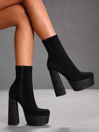 CUCCOO SZL Women's Black Suede Chunky Heel Waterproof Platform Elastic Minimalist Formal Side Zipper Ankle Boots And Short Boots For Christmas