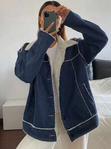 Livesso Damen lässige, weite Denim Jacke mit Umlegekragen, Herbst - Blau - Übersicht 4