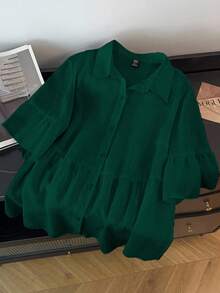 GlowEve CURVE Plus Size Casual Solid Color Short Sleeve Shirt - Dark Green - View 1