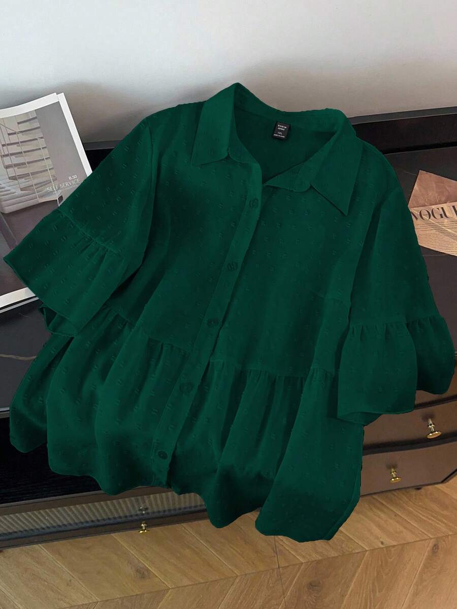 GlowEve CURVE Plus Size Casual Solid Color Short Sleeve Shirt - Dark Green - View 1