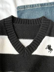 SHEIN 1pc Girls' Sweater,Black And White Striped,V-Neck Loose Fit Knit Sweater,Casual Back-To-School,School,Autumn Youth Tween Girl Clothes,Elegant Sweater - Multicolor - View 4