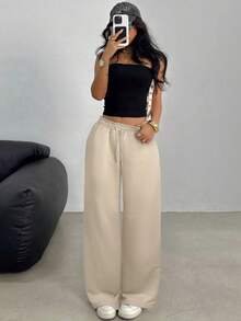 SHEIN Teen Girls Casual Loose Fit Low Waist Elastic Waistband Wide Leg Sweatpants, Versatile For Spring, Summer, Autumn, Winter