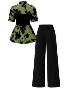 SHEIN Clasi Bộ quần ống rộng in hoa thanh lịch 2 trong 1 dành cho nữ, mùa hè - xanh quân đội - Xem 2