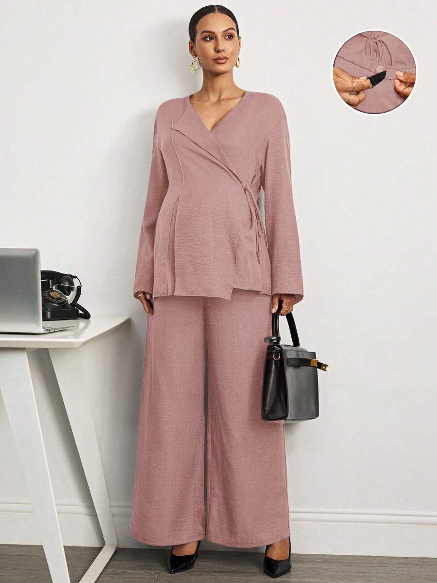 MaterniWear 优雅孕妇通勤纯色系带衬衫和裤子套装 - 藕粉色 - 查看 1