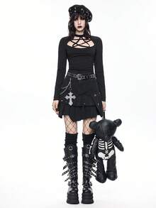 ROMWE Grunge Punk Gothic Visual Cross Embroidery Metal Chain Pendant A-Line Pleated Denim Skirt - Black - View 2