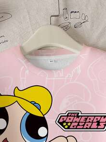 THE POWERPUFF GIRLS X SHEIN Tween Girls' Casual Cute Blossom, Bubbles, Buttercup Pattern Crew Neck Sweatshirt, Autumn - White - View 4