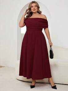 SHEIN CURVE+ 大码女士优雅简约时尚浪漫性感连衣裙，露肩高腰A字伞裙，适合度假、通勤、约会，灰色长款连衣裙 - 紅色 - 查看 8