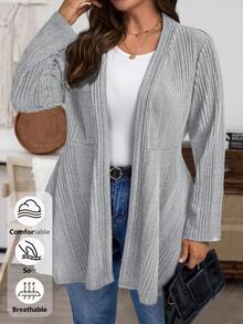 SHEIN CURVE+ 大码女式常规款外套，罗纹绒面针织弹力开衫，黑色，适合秋冬季穿着。 - 灰色 - 查看 7